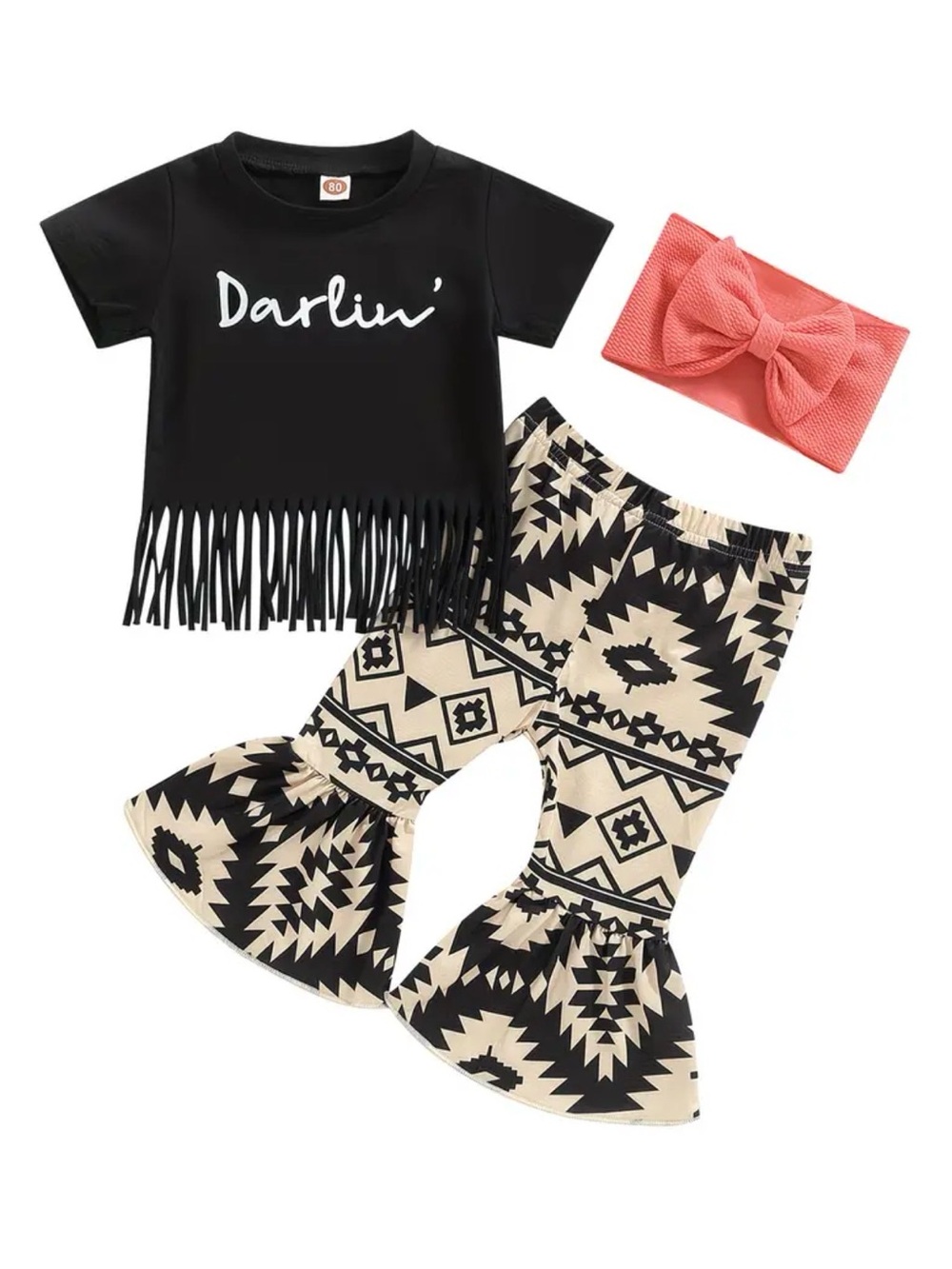 Darlin' Black Fringe Top & Aztec Bell Bottom Set with Coral Headband
